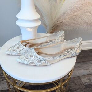 Badgley Mischka White Elegant Flats with Crystal Embellishments